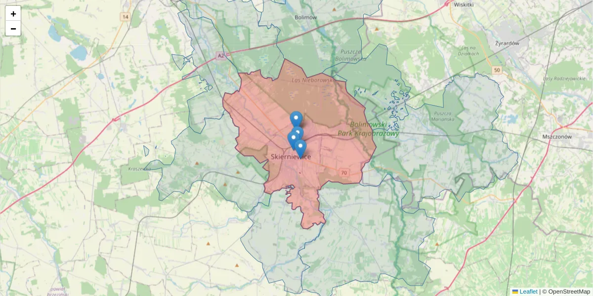 Szczegółowa mapa kodu pocztowego 96-100 z granicami, sąsiednimi kodami pocztowymi i urzędami pocztowymi