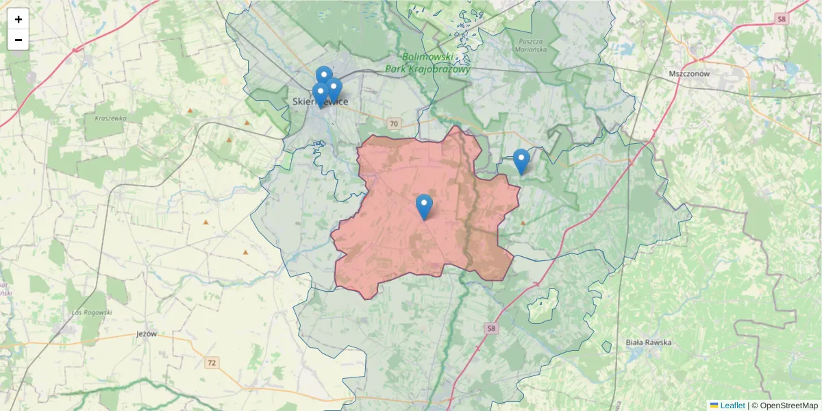 Szczegółowa mapa kodu pocztowego 96-115 z granicami, sąsiednimi kodami pocztowymi i urzędami pocztowymi