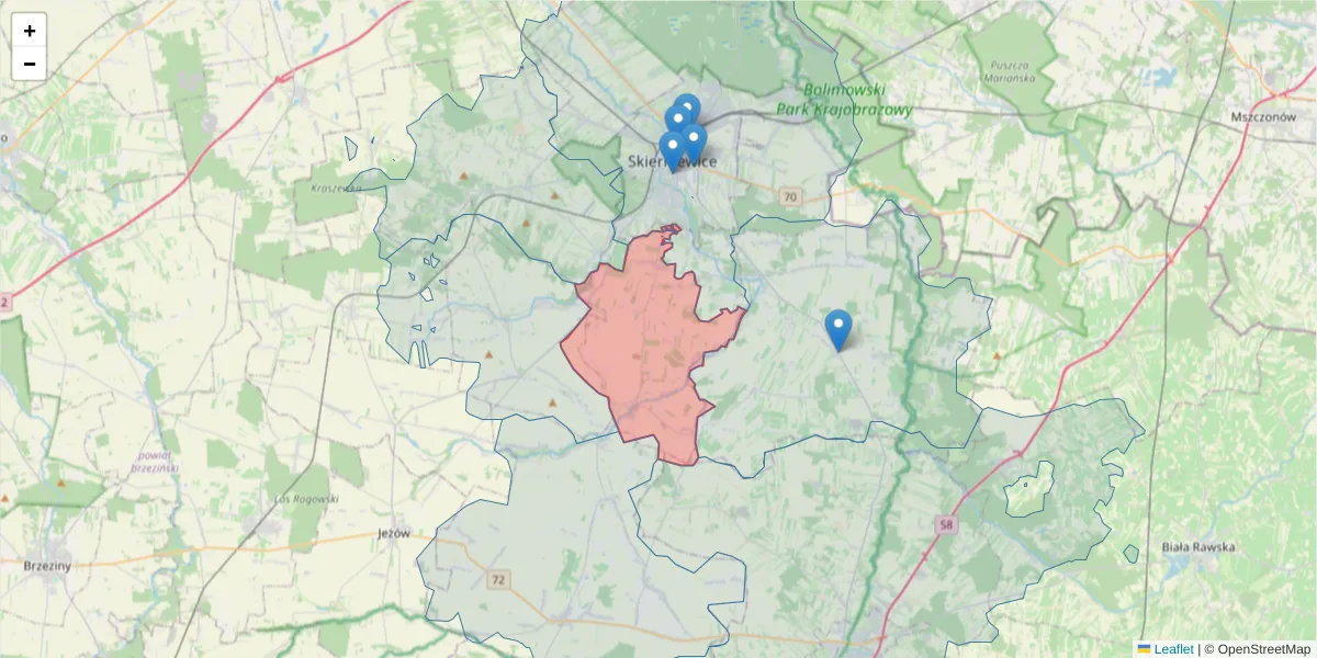 Szczegółowa mapa kodu pocztowego 96-116 z granicami, sąsiednimi kodami pocztowymi i urzędami pocztowymi
