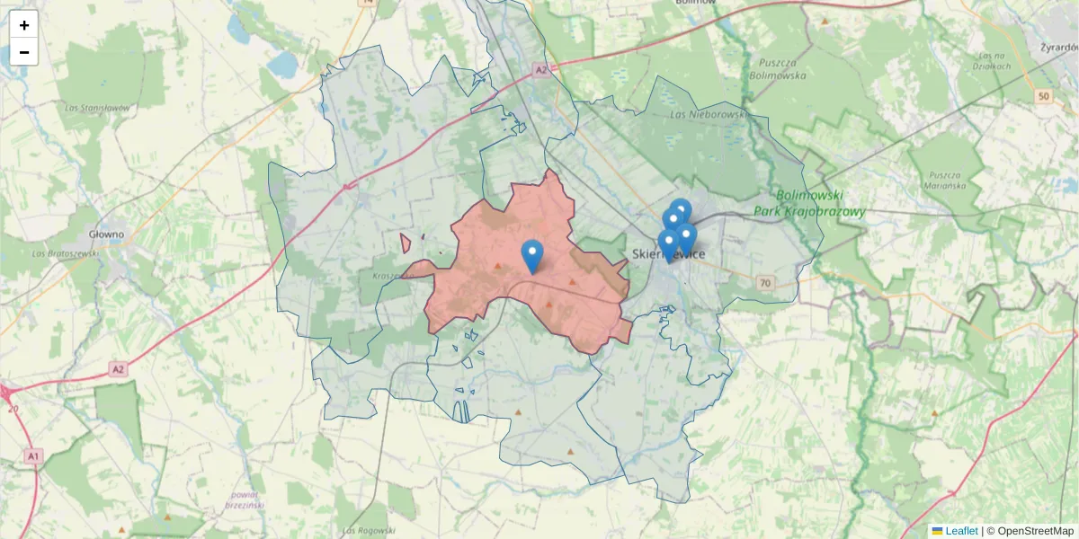 Szczegółowa mapa kodu pocztowego 96-124 z granicami, sąsiednimi kodami pocztowymi i urzędami pocztowymi