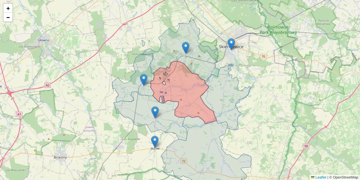 Szczegółowa mapa kodu pocztowego 96-126 z granicami, sąsiednimi kodami pocztowymi i urzędami pocztowymi