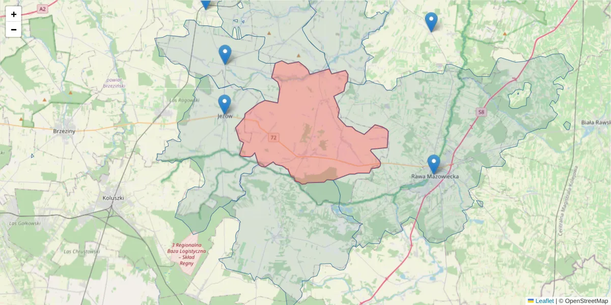 Szczegółowa mapa kodu pocztowego 96-130 z granicami, sąsiednimi kodami pocztowymi i urzędami pocztowymi
