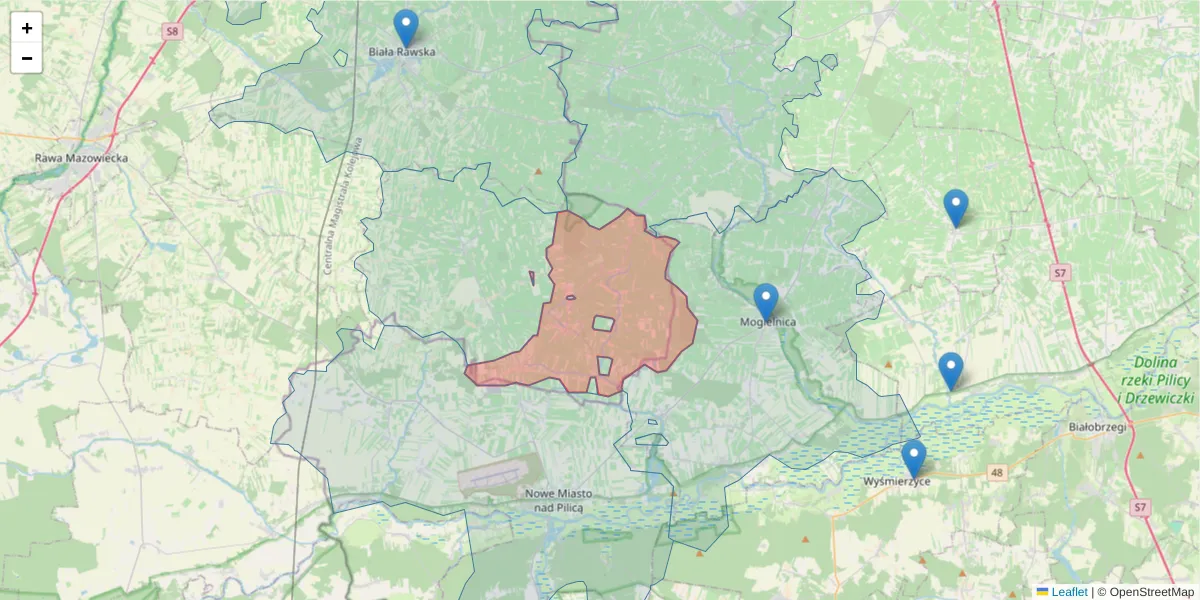 Szczegółowa mapa kodu pocztowego 96-208 z granicami, sąsiednimi kodami pocztowymi i urzędami pocztowymi
