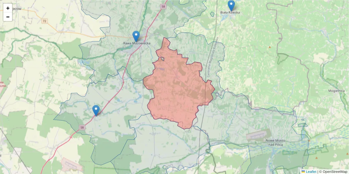 Szczegółowa mapa kodu pocztowego 96-214 z granicami, sąsiednimi kodami pocztowymi i urzędami pocztowymi