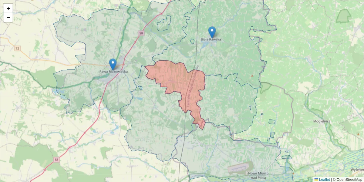 Szczegółowa mapa kodu pocztowego 96-232 z granicami, sąsiednimi kodami pocztowymi i urzędami pocztowymi