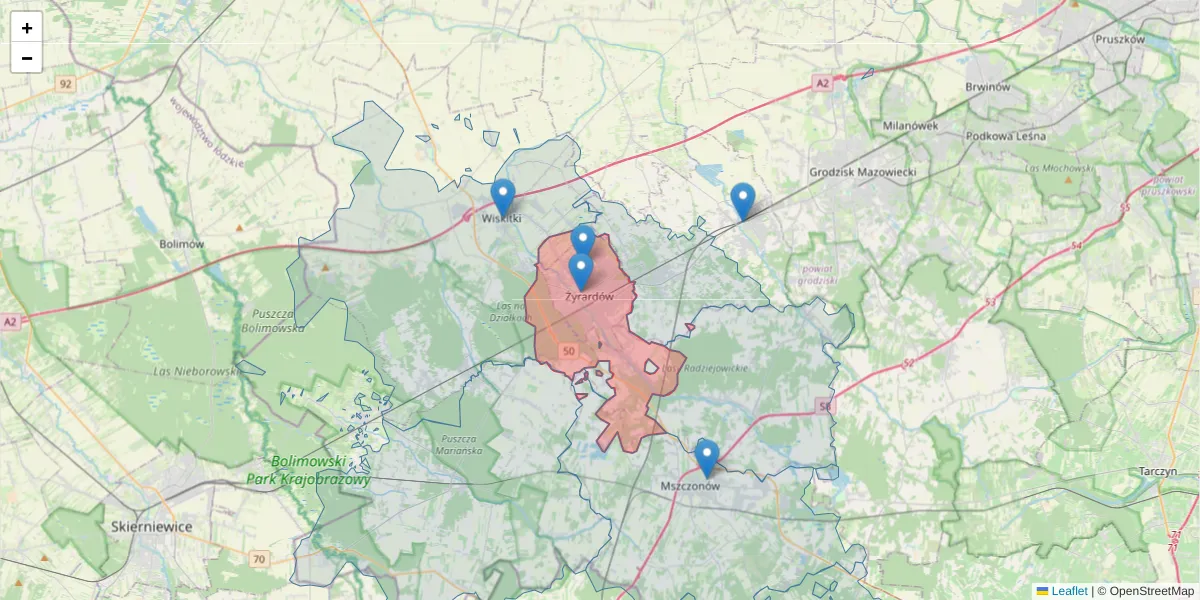 Szczegółowa mapa kodu pocztowego 96-300 z granicami, sąsiednimi kodami pocztowymi i urzędami pocztowymi