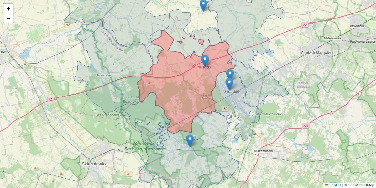 Szczegółowa mapa kodu pocztowego 96-315 z granicami, sąsiednimi kodami pocztowymi i urzędami pocztowymi