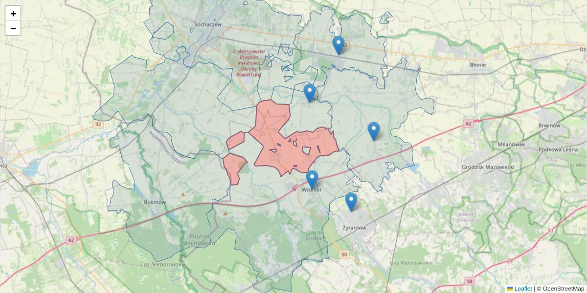 Szczegółowa mapa kodu pocztowego 96-317 z granicami, sąsiednimi kodami pocztowymi i urzędami pocztowymi