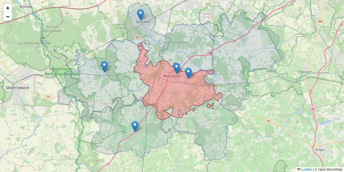 Szczegółowa mapa kodu pocztowego 96-320 z granicami, sąsiednimi kodami pocztowymi i urzędami pocztowymi