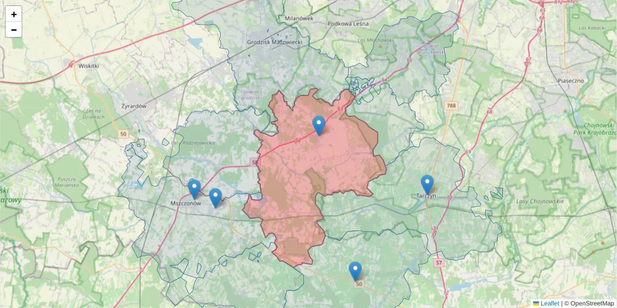 Szczegółowa mapa kodu pocztowego 96-321 z granicami, sąsiednimi kodami pocztowymi i urzędami pocztowymi