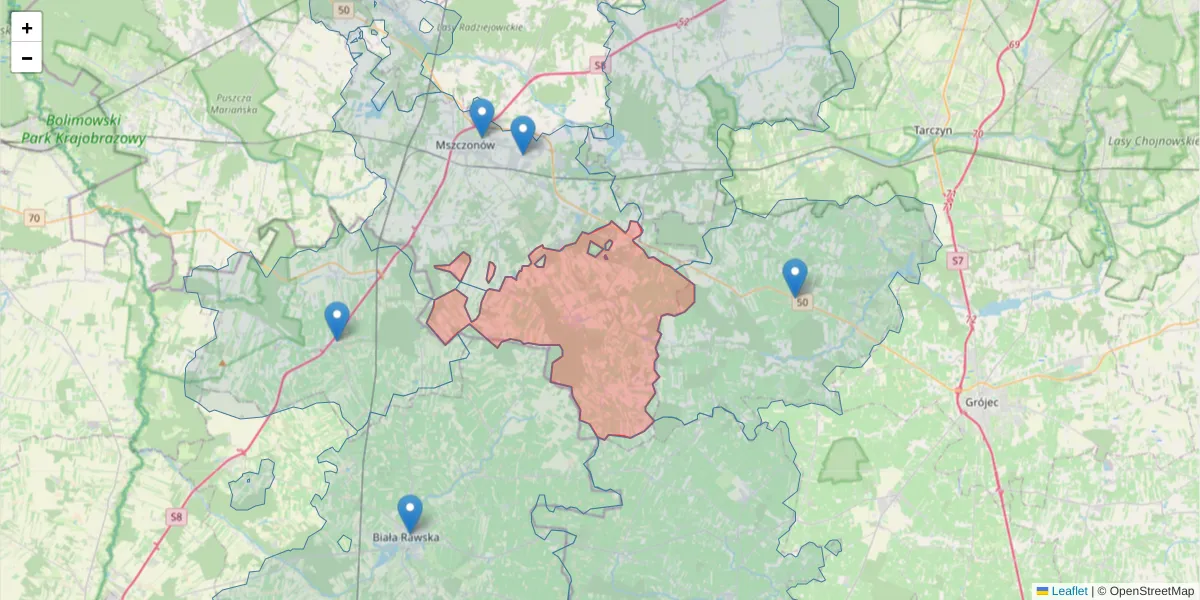 Szczegółowa mapa kodu pocztowego 96-323 z granicami, sąsiednimi kodami pocztowymi i urzędami pocztowymi