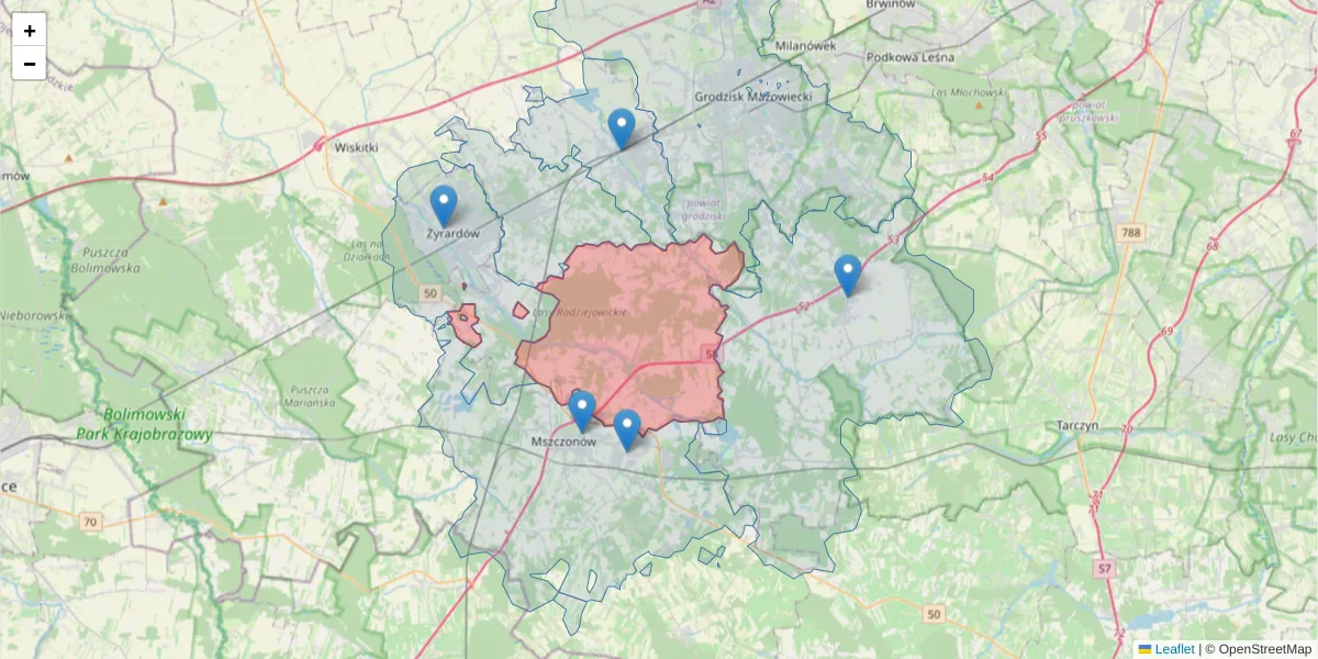 Szczegółowa mapa kodu pocztowego 96-325 z granicami, sąsiednimi kodami pocztowymi i urzędami pocztowymi