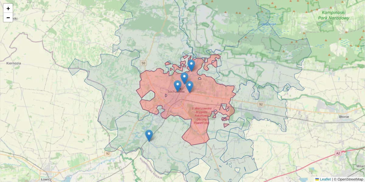 Szczegółowa mapa kodu pocztowego 96-500 z granicami, sąsiednimi kodami pocztowymi i urzędami pocztowymi