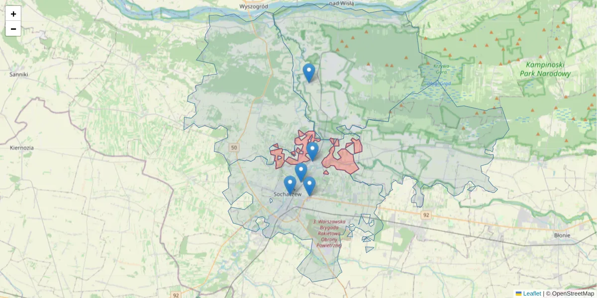Szczegółowa mapa kodu pocztowego 96-503 z granicami, sąsiednimi kodami pocztowymi i urzędami pocztowymi