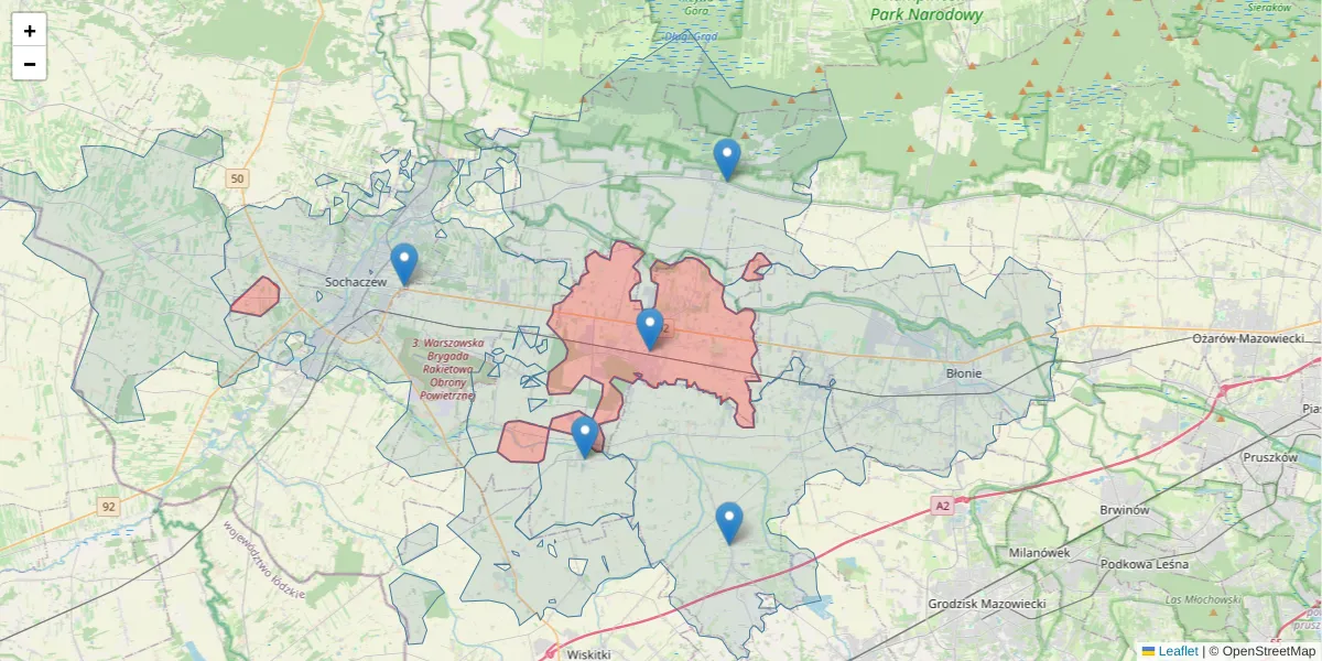 Szczegółowa mapa kodu pocztowego 96-515 z granicami, sąsiednimi kodami pocztowymi i urzędami pocztowymi