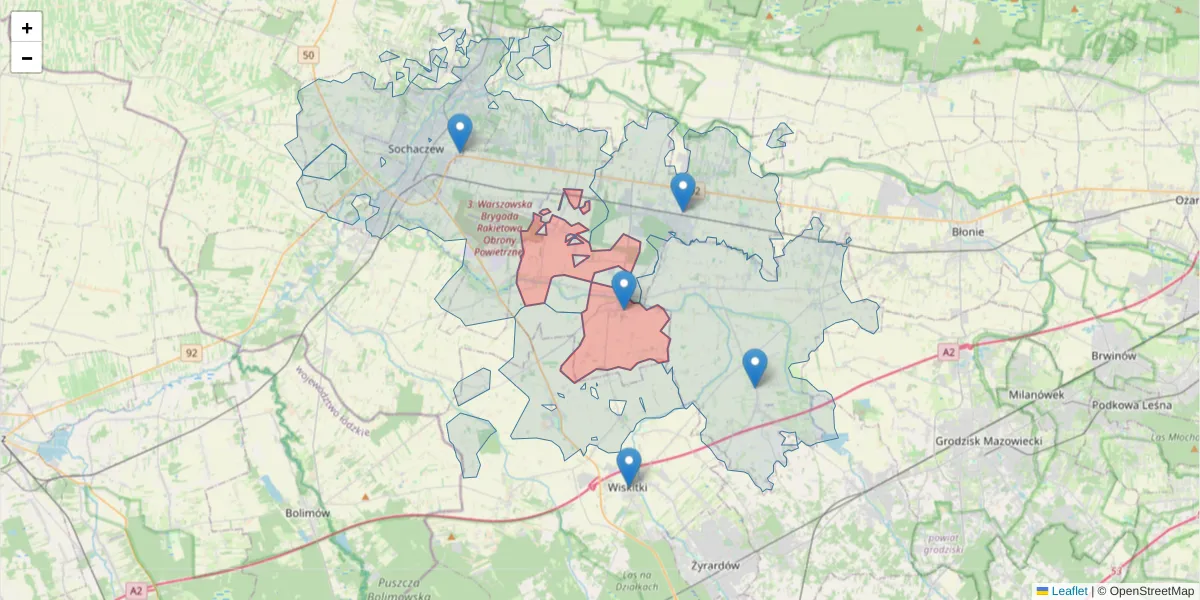 Szczegółowa mapa kodu pocztowego 96-516 z granicami, sąsiednimi kodami pocztowymi i urzędami pocztowymi