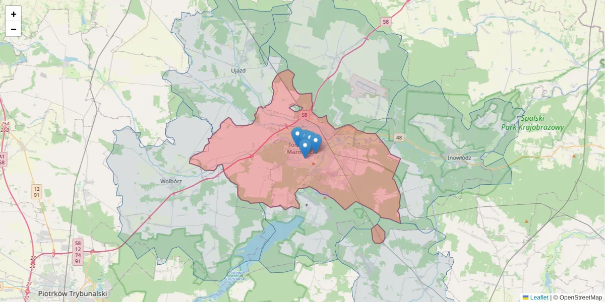 Szczegółowa mapa kodu pocztowego 97-200 z granicami, sąsiednimi kodami pocztowymi i urzędami pocztowymi