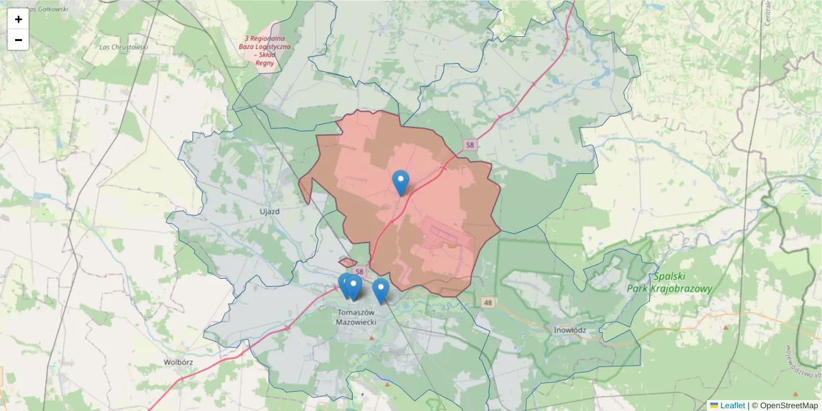 Szczegółowa mapa kodu pocztowego 97-217 z granicami, sąsiednimi kodami pocztowymi i urzędami pocztowymi