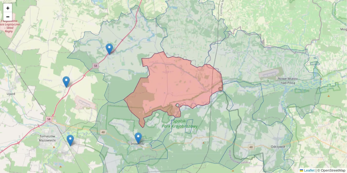 Szczegółowa mapa kodu pocztowego 97-220 z granicami, sąsiednimi kodami pocztowymi i urzędami pocztowymi