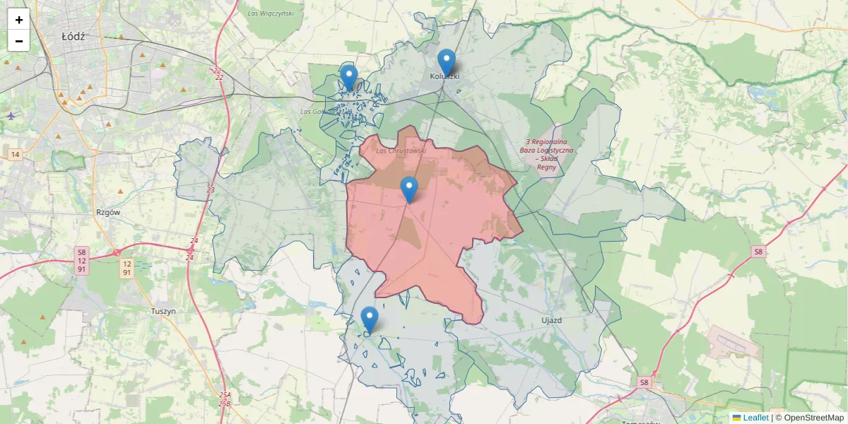 Szczegółowa mapa kodu pocztowego 97-221 z granicami, sąsiednimi kodami pocztowymi i urzędami pocztowymi