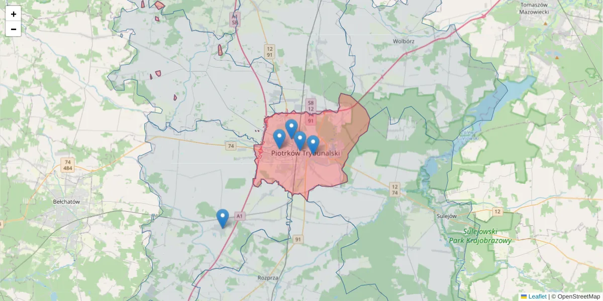 Szczegółowa mapa kodu pocztowego 97-300 z granicami, sąsiednimi kodami pocztowymi i urzędami pocztowymi