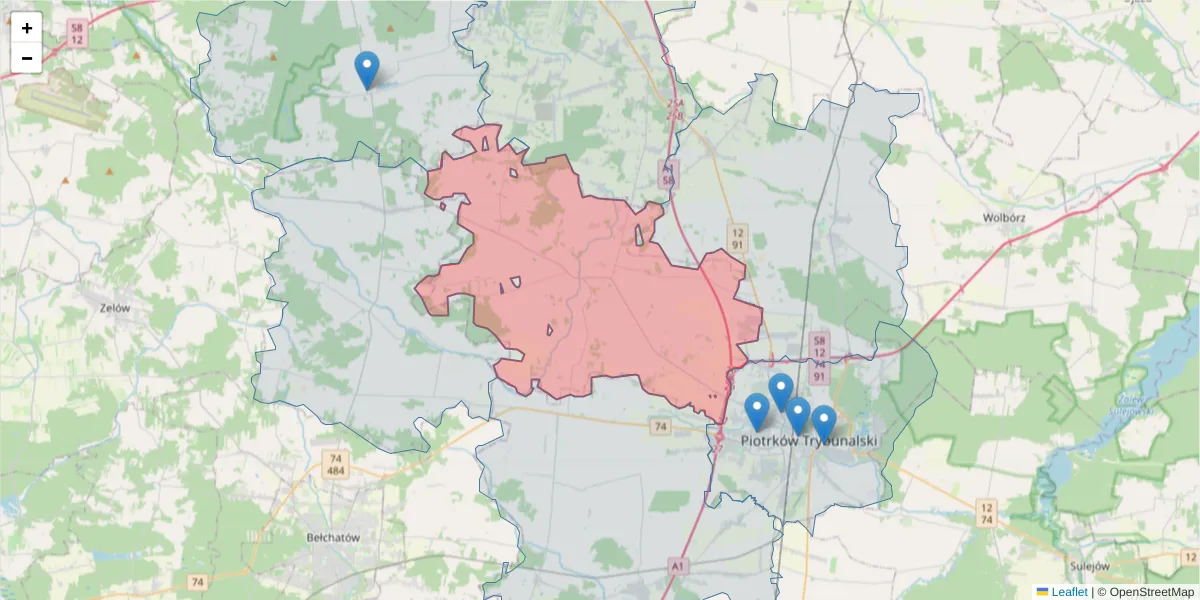 Szczegółowa mapa kodu pocztowego 97-306 z granicami, sąsiednimi kodami pocztowymi i urzędami pocztowymi