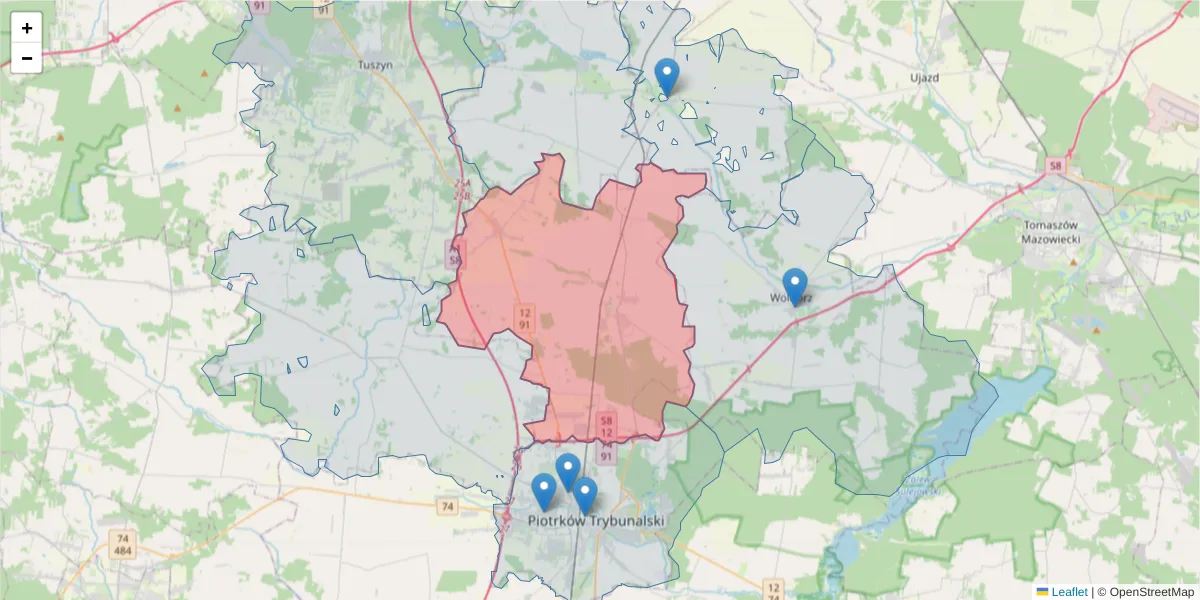 Szczegółowa mapa kodu pocztowego 97-310 z granicami, sąsiednimi kodami pocztowymi i urzędami pocztowymi