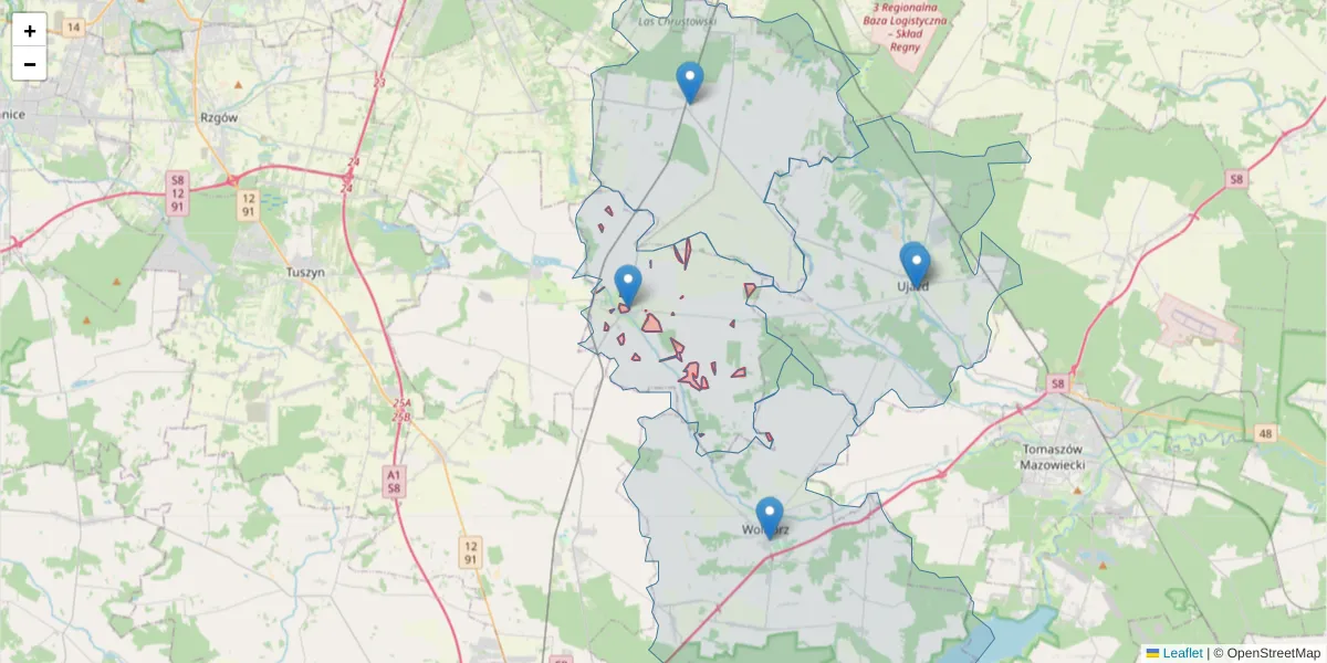 Szczegółowa mapa kodu pocztowego 97-317 z granicami, sąsiednimi kodami pocztowymi i urzędami pocztowymi