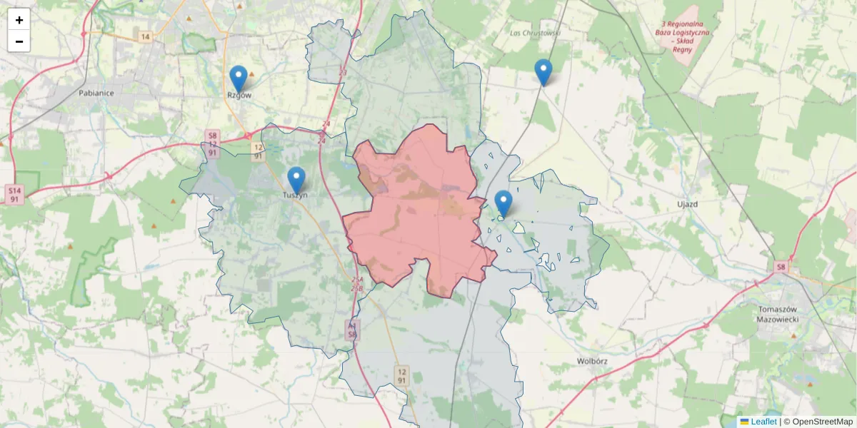 Szczegółowa mapa kodu pocztowego 97-318 z granicami, sąsiednimi kodami pocztowymi i urzędami pocztowymi