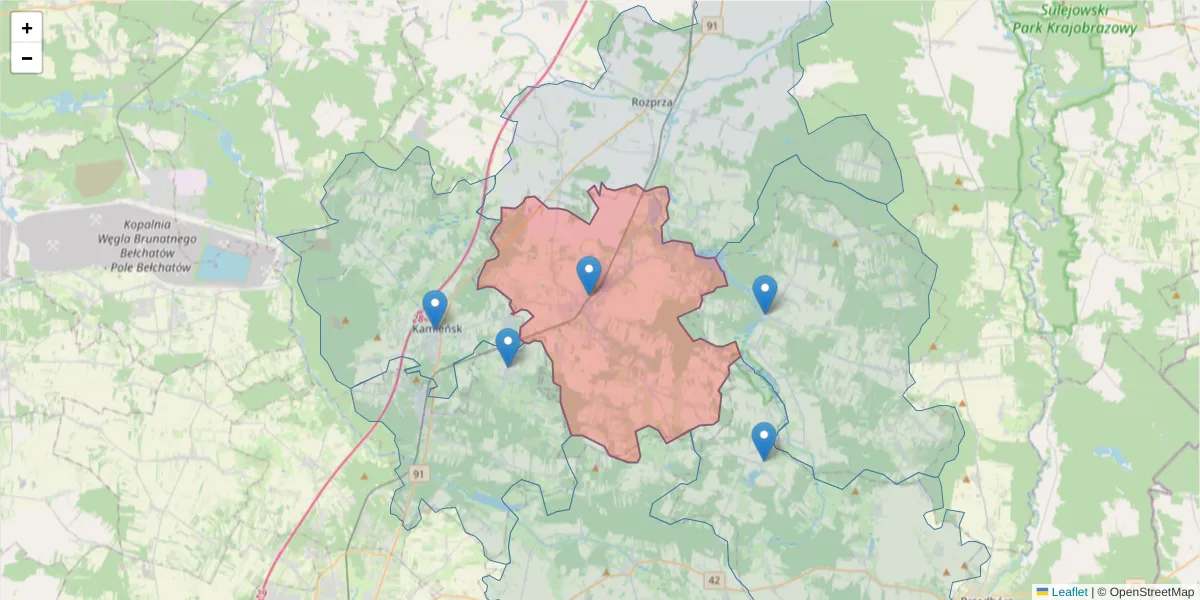 Szczegółowa mapa kodu pocztowego 97-350 z granicami, sąsiednimi kodami pocztowymi i urzędami pocztowymi