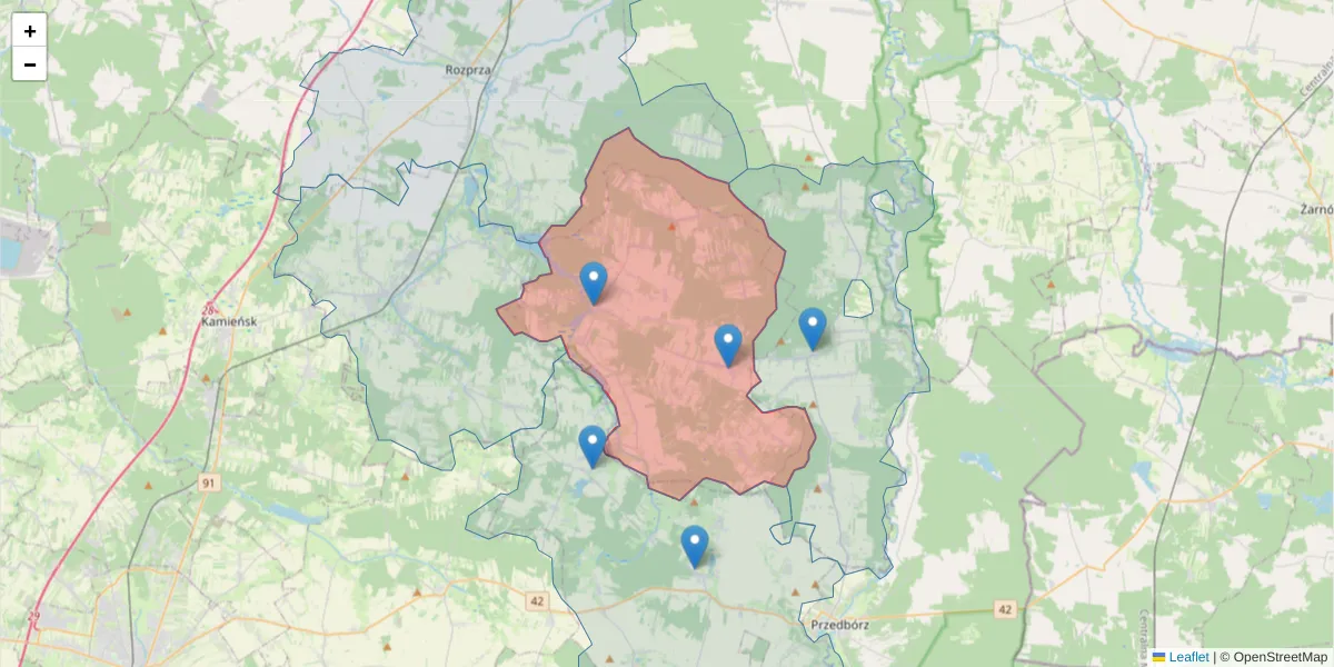Szczegółowa mapa kodu pocztowego 97-352 z granicami, sąsiednimi kodami pocztowymi i urzędami pocztowymi