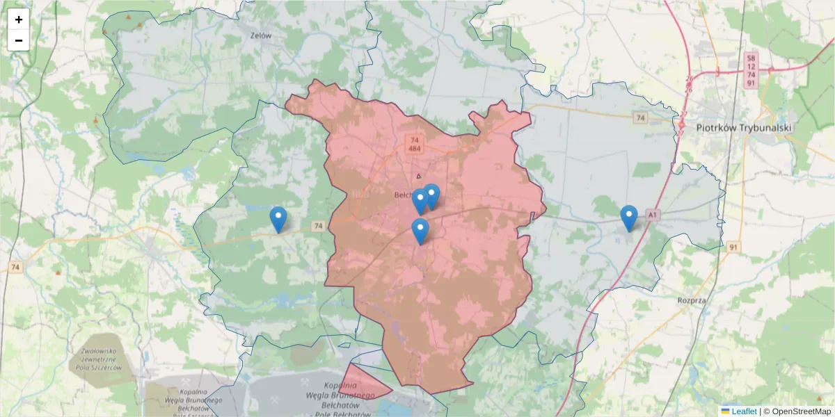 Szczegółowa mapa kodu pocztowego 97-400 z granicami, sąsiednimi kodami pocztowymi i urzędami pocztowymi