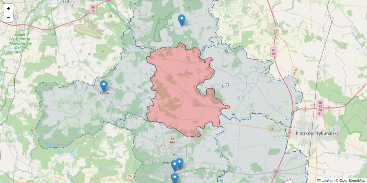 Szczegółowa mapa kodu pocztowego 97-403 z granicami, sąsiednimi kodami pocztowymi i urzędami pocztowymi