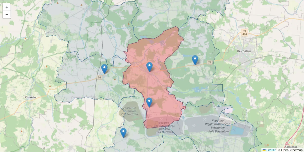 Szczegółowa mapa kodu pocztowego 97-420 z granicami, sąsiednimi kodami pocztowymi i urzędami pocztowymi