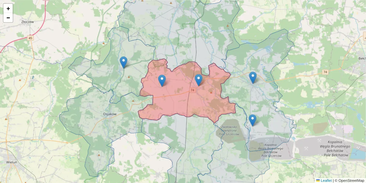 Szczegółowa mapa kodu pocztowego 97-438 z granicami, sąsiednimi kodami pocztowymi i urzędami pocztowymi
