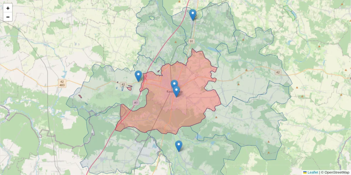Szczegółowa mapa kodu pocztowego 97-500 z granicami, sąsiednimi kodami pocztowymi i urzędami pocztowymi