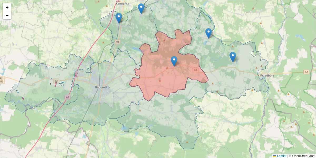 Szczegółowa mapa kodu pocztowego 97-512 z granicami, sąsiednimi kodami pocztowymi i urzędami pocztowymi