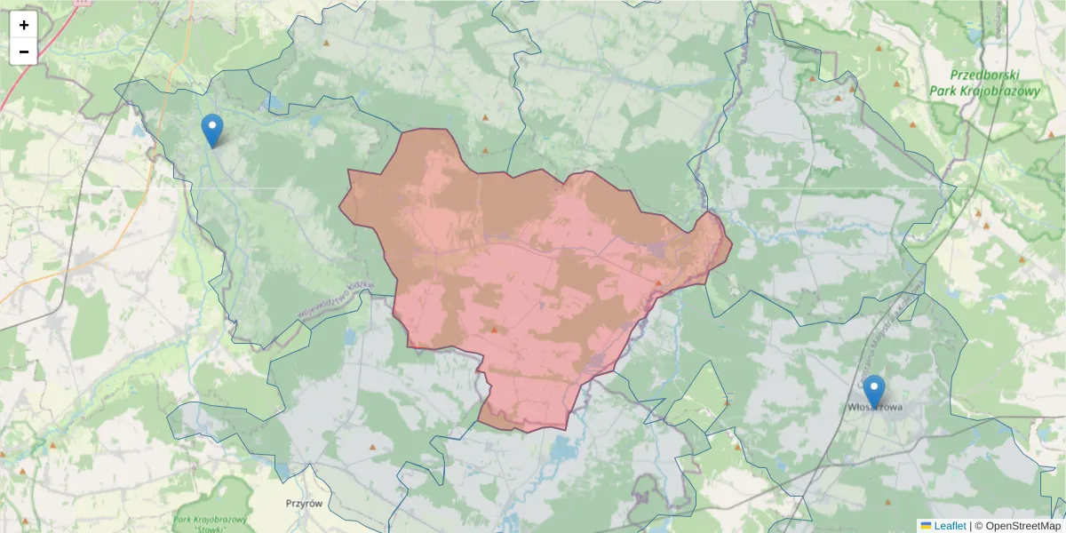 Szczegółowa mapa kodu pocztowego 97-532 z granicami, sąsiednimi kodami pocztowymi i urzędami pocztowymi