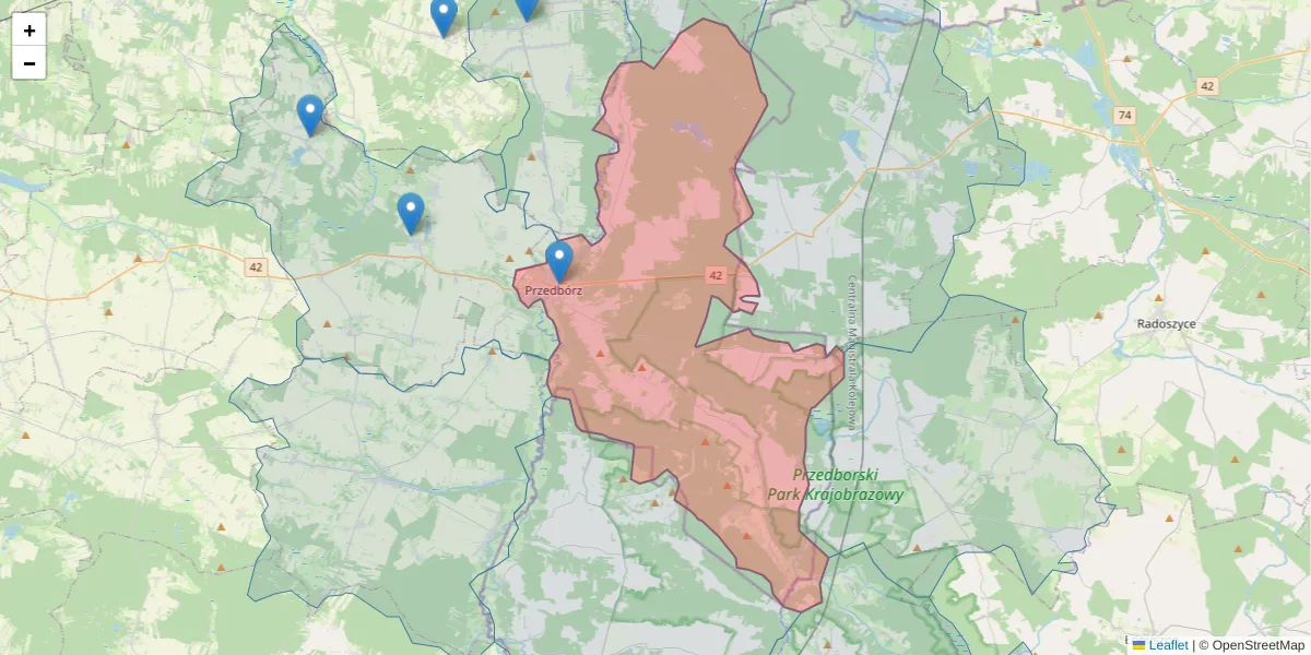 Szczegółowa mapa kodu pocztowego 97-570 z granicami, sąsiednimi kodami pocztowymi i urzędami pocztowymi