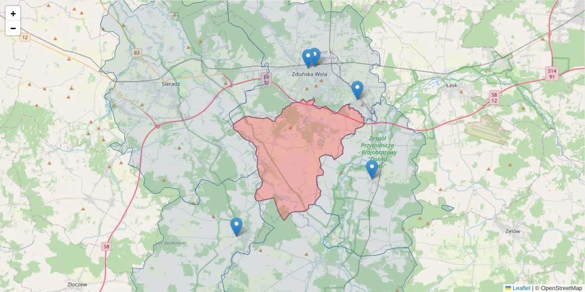 Szczegółowa mapa kodu pocztowego 98-161 z granicami, sąsiednimi kodami pocztowymi i urzędami pocztowymi