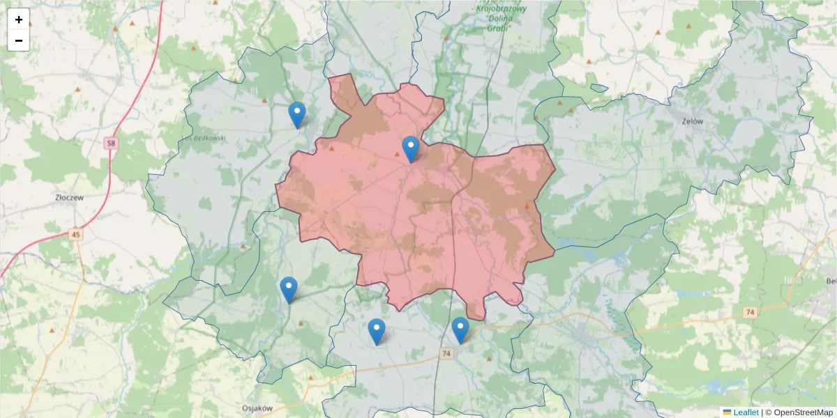 Szczegółowa mapa kodu pocztowego 98-170 z granicami, sąsiednimi kodami pocztowymi i urzędami pocztowymi