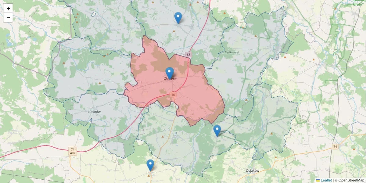 Szczegółowa mapa kodu pocztowego 98-270 z granicami, sąsiednimi kodami pocztowymi i urzędami pocztowymi
