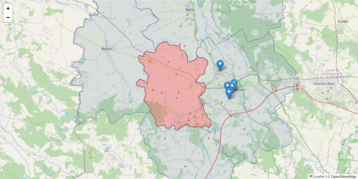 Szczegółowa mapa kodu pocztowego 98-285 z granicami, sąsiednimi kodami pocztowymi i urzędami pocztowymi
