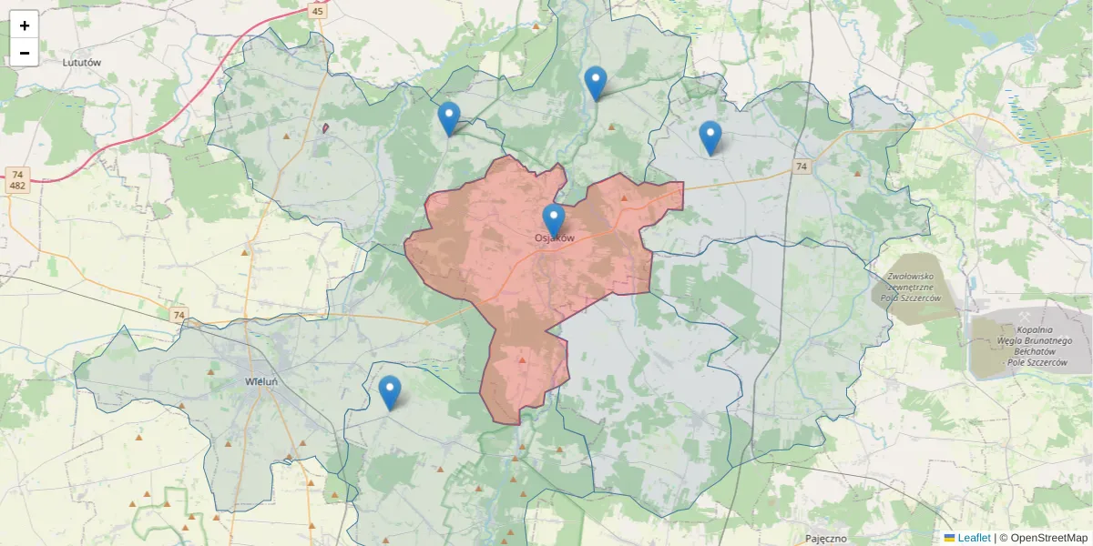 Szczegółowa mapa kodu pocztowego 98-320 z granicami, sąsiednimi kodami pocztowymi i urzędami pocztowymi