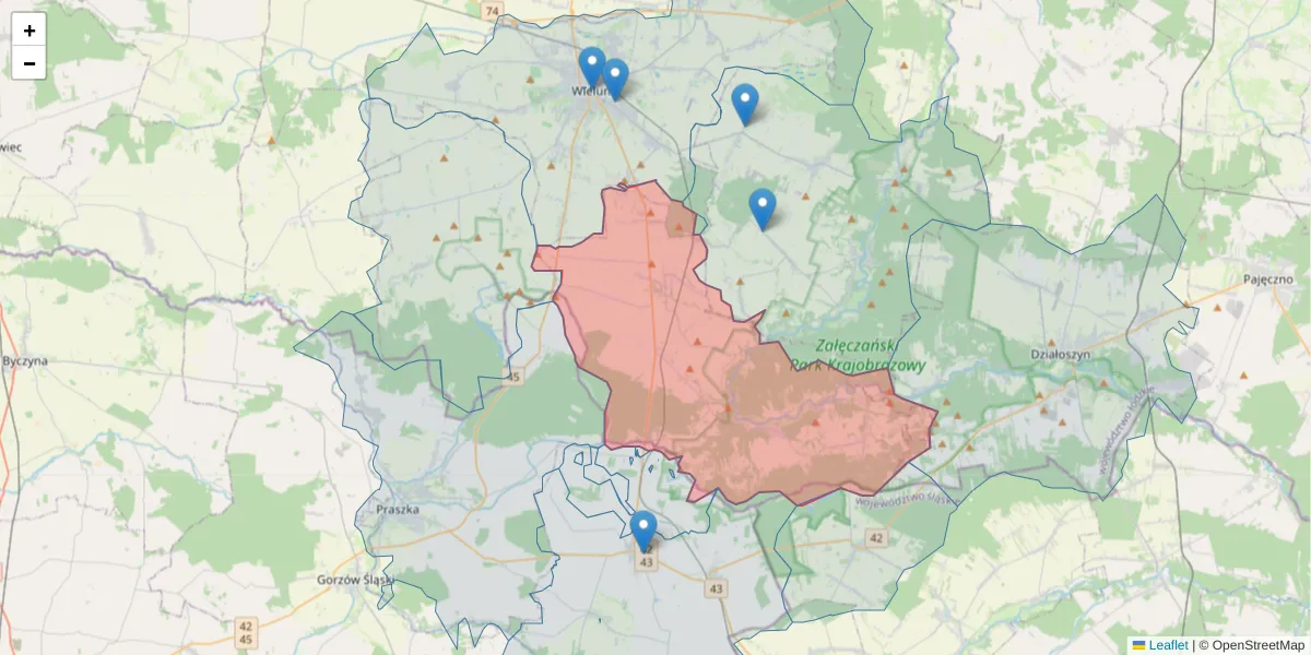 Szczegółowa mapa kodu pocztowego 98-335 z granicami, sąsiednimi kodami pocztowymi i urzędami pocztowymi