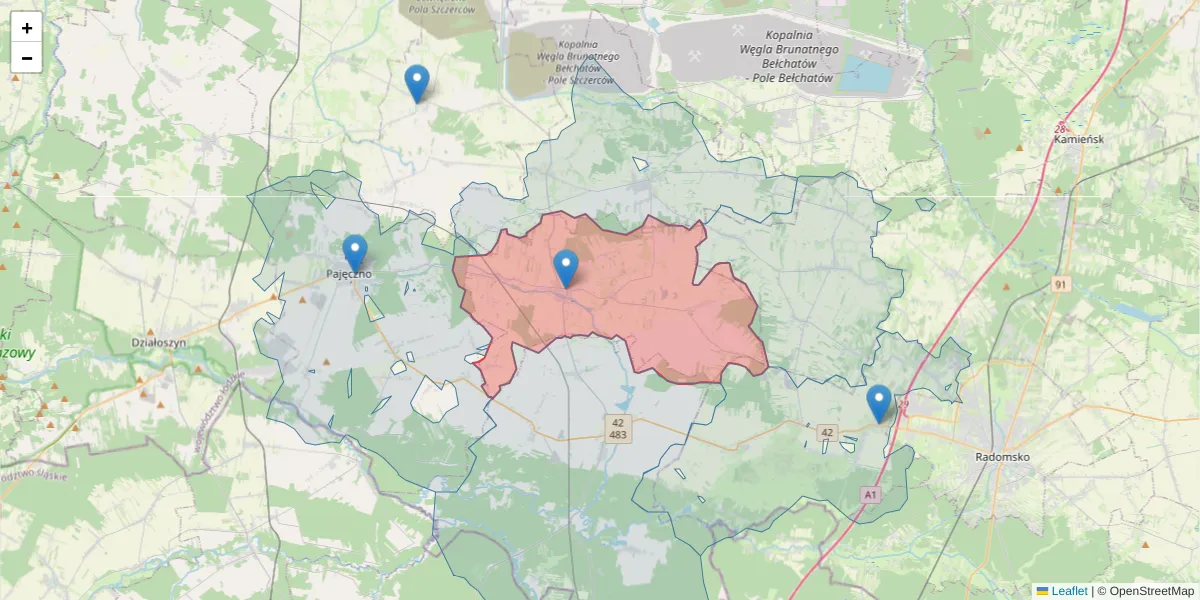 Szczegółowa mapa kodu pocztowego 98-337 z granicami, sąsiednimi kodami pocztowymi i urzędami pocztowymi