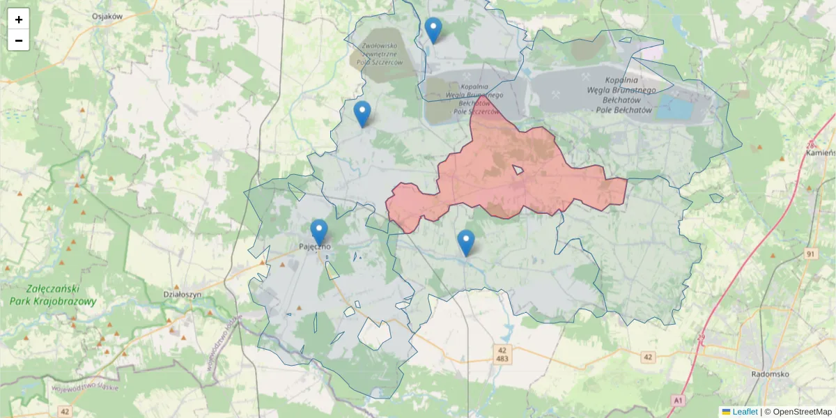 Szczegółowa mapa kodu pocztowego 98-338 z granicami, sąsiednimi kodami pocztowymi i urzędami pocztowymi