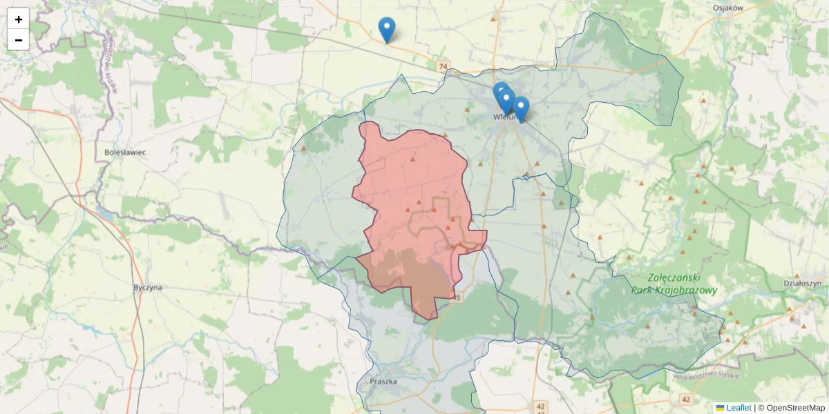 Szczegółowa mapa kodu pocztowego 98-345 z granicami, sąsiednimi kodami pocztowymi i urzędami pocztowymi