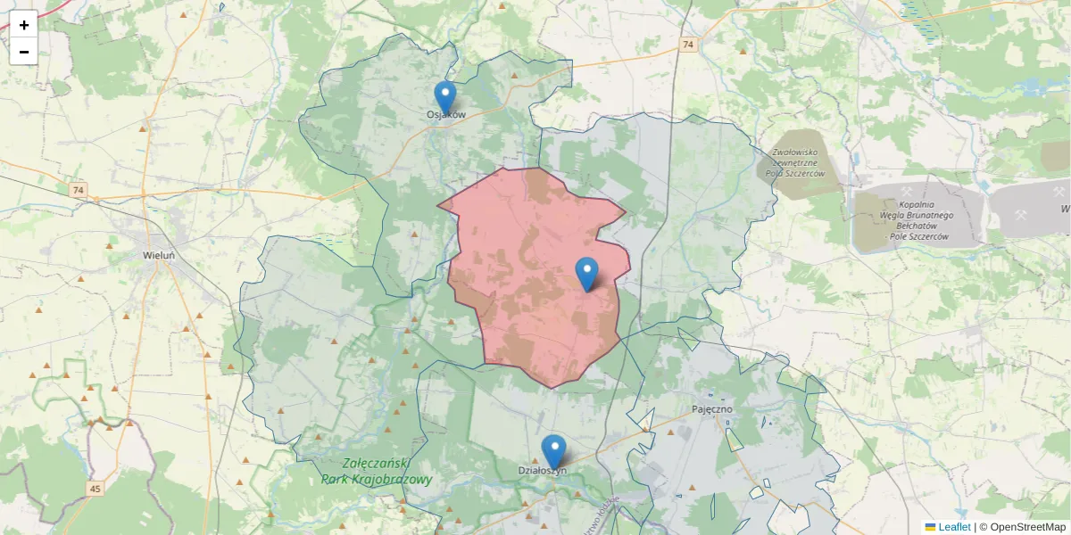 Szczegółowa mapa kodu pocztowego 98-354 z granicami, sąsiednimi kodami pocztowymi i urzędami pocztowymi
