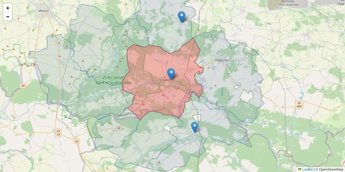 Szczegółowa mapa kodu pocztowego 98-355 z granicami, sąsiednimi kodami pocztowymi i urzędami pocztowymi